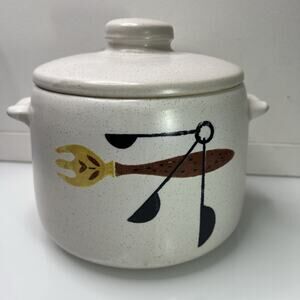 Vintage 1960’s West Bend Ceramic Bean Pot With Fork & Spoon Design